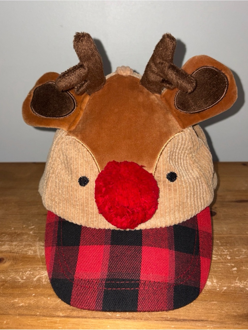Mud Pie Reindeer Hat Toddler 2T-5T Corduroy Plaid Red Holiday Portrait